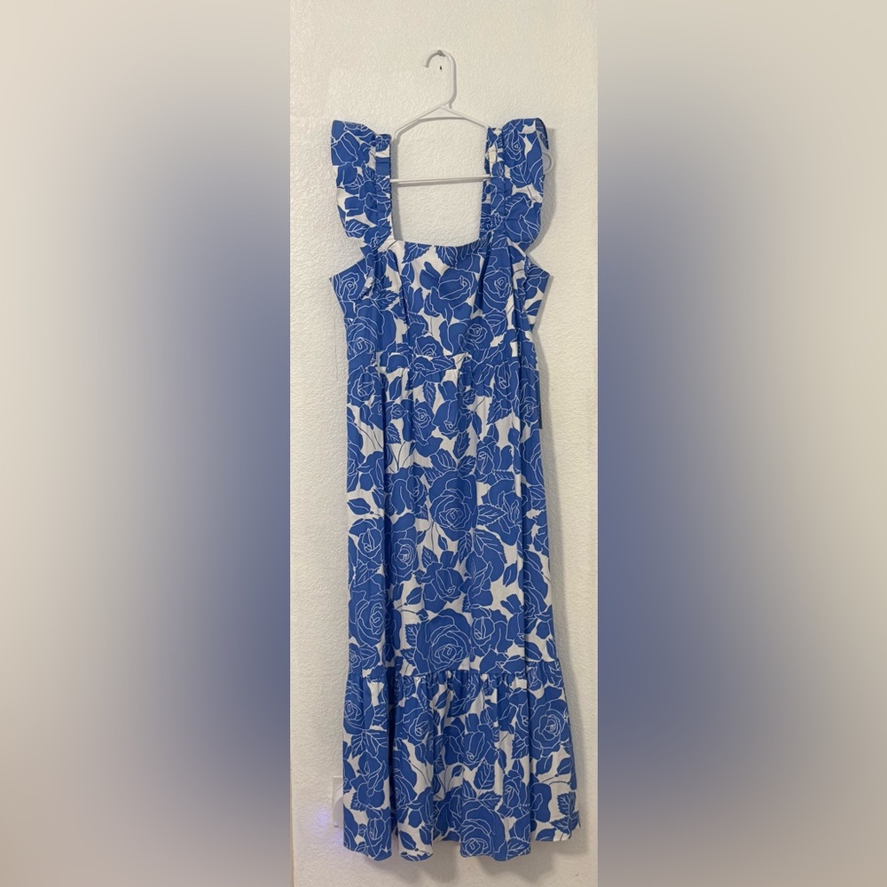 Blue and White Floral Ruffle Strap Maxi Dress